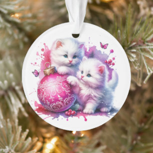 Ornamento Gatos Brancos Fofos Brincando com Natal Rosa