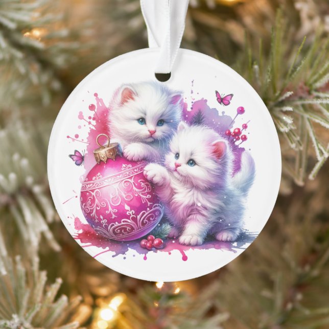 Ornamento Gatos Brancos Fofos Brincando com Natal Rosa (Árvore)