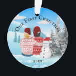 Ornamento Gay lésbica casal feio blusa FOTO Neve<br><div class="desc">Celebre seu primeiro Natal junto com esta ilustração divertida de um casal lésbico caucasiano ou africano, sentado com as costas, a você, enquadrado por uma bonito cena da floresta nas maravilhas do inverno que tem árvores de abeto com neve e um bonitinho bonitão vestindo um chapéu de Papai Noel nele....</div>
