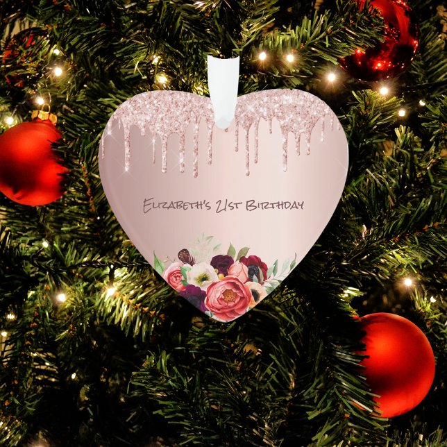 Ornamento Glitter rosa de aniversário goteja flores rosa (Criador carregado)