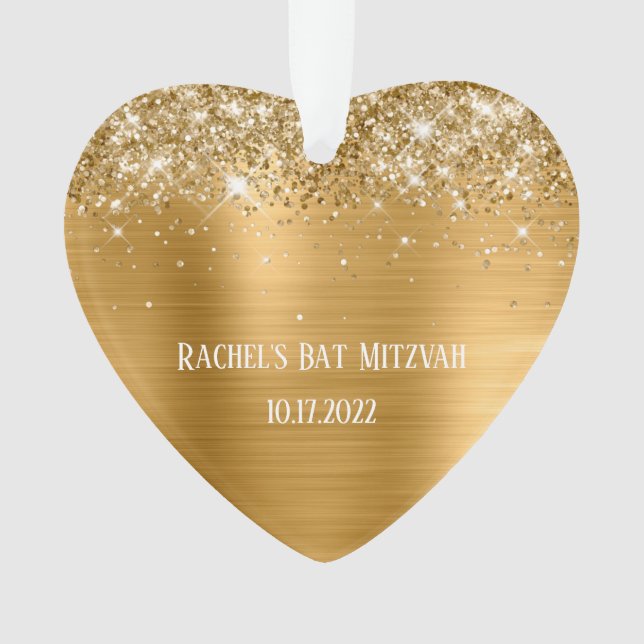 Ornamento Glittery Gold Foil Bat Mitzvah Heart (Frente)