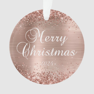 Ornamento Glittery Rose Gold Feliz Natal Foto da Família