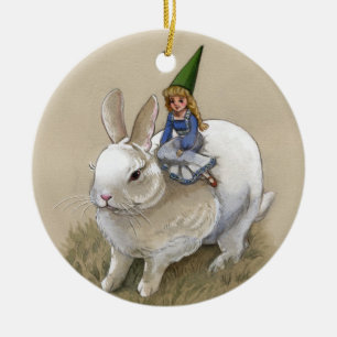Ornamento Gnome Lady E Rabbit Branco