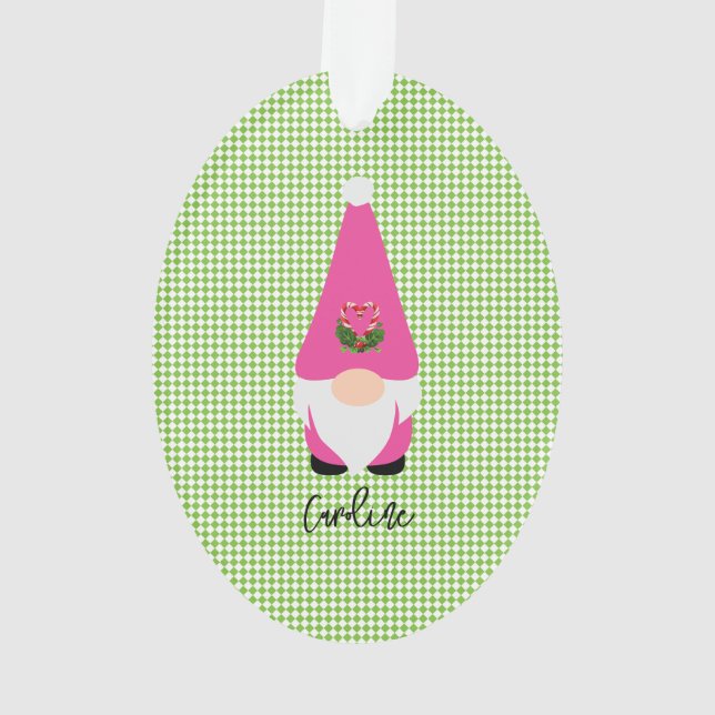 Ornamento Gnomo Rosa Nome Ano Verde Cheque de Natal (Verso)