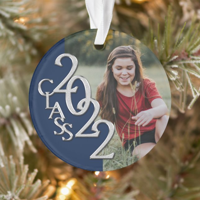 Ornamento Graduação Classe 2022 Photo Blue Silver Ornament (Árvore)