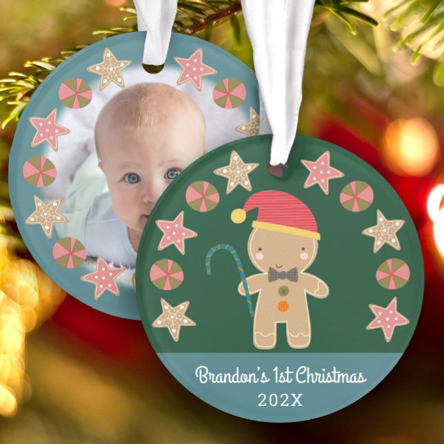 Ornamento Green Baby Photo Primeiro Natal Gingerbird Boy (Criador carregado)