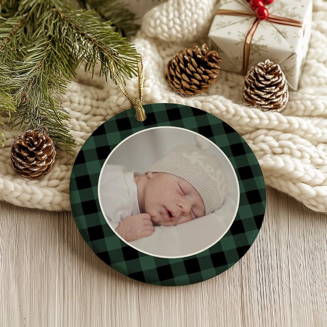 Ornamento GREEN BUFFALO PLAID NAME Photo Christmas Keepsake (Criador carregado)