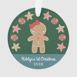 Ornamento Green Gingercake Girl Foto do bebê Primeiro Natal