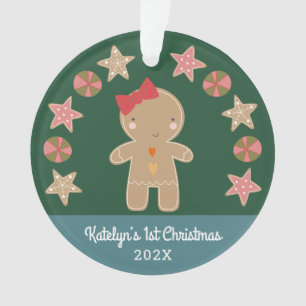 Ornamento Green Gingercake Girl Foto do bebê Primeiro Natal
