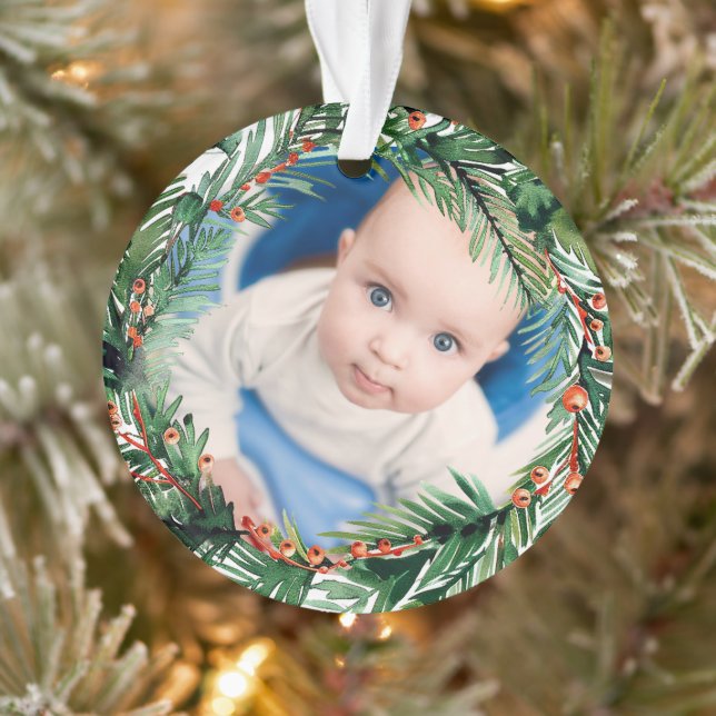 Ornamento Greenery Wreath My First Christmas Baby Photo (Árvore)