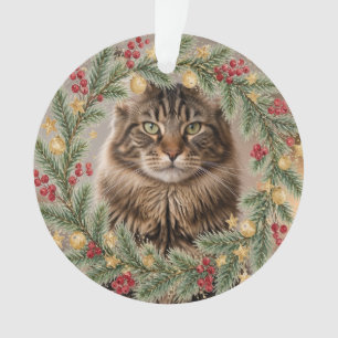 Ornamento Guirlanda de Natal com Maine Coon em Aquarela