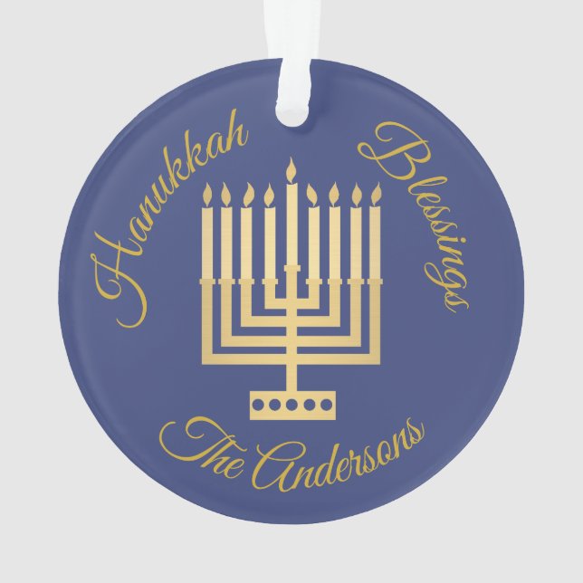 Ornamento Hanukkah Abençoa Menorah Dourada personalizada (Verso)