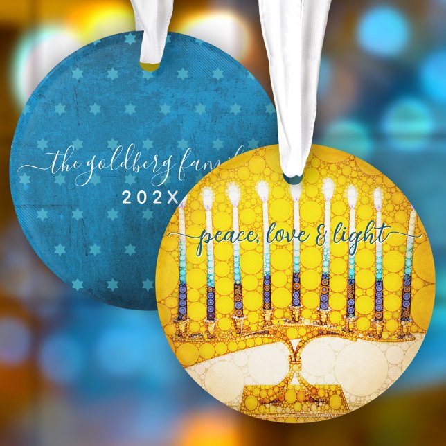Ornamento Hanukkah Peace Love Light Yellow Menorah Keepsaame (Criador carregado)