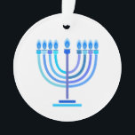 Ornamento Hanukkiah Happy Hanukkah Holiday Menorah<br><div class="desc">Símbolo Hanukkiah. Feliz Festa de Hanukkah Feriado Judeu Menorah Azul. Decoração de Feriado Judeu Chanukkah com o símbolo decorativo tradicional de Chanuka - Marinho Blue color hanukkiah menorah, candelabro com velas, estrela de David e ilustração azul neon brilhante. Festa de Chanucá das Luzes Decoração do Evento. Jerusalém, Israel. Home >...</div>