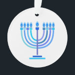 Ornamento Hanukkiah Happy Hanukkah Holiday Menorah<br><div class="desc">Símbolo Hanukkiah. Feliz Festa de Hanukkah Feriado Judeu Menorah Azul. Decoração de Feriado Judeu Chanukkah com o símbolo decorativo tradicional de Chanuka - Marinho Blue color hanukkiah menorah, candelabro com velas, estrela de David e ilustração azul neon brilhante. Festa de Chanucá das Luzes Decoração do Evento. Jerusalém, Israel. Home >...</div>