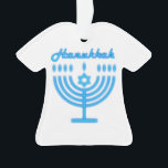 Ornamento Hanukkiah Happy Hanukkah Holiday Menorah<br><div class="desc">Símbolo Hanukkiah. Feliz Festa de Hanukkah Feriado Judeu Menorah Azul. Decoração de Feriado Judeu Chanukkah com o símbolo decorativo tradicional de Chanuka - Marinho Blue color hanukkiah menorah, candelabro com velas, estrela de David e ilustração azul neon brilhante. Festa de Chanucá das Luzes Decoração do Evento. Jerusalém, Israel. Home >...</div>