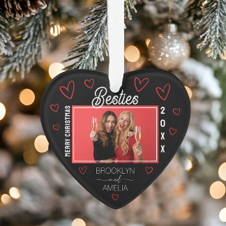 Ornamento Heart Shaped Photo Black and Red Besties Christmas