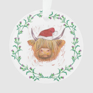 Ornamento Highland Cow Christmas Hat Thiste Wreath sem texto