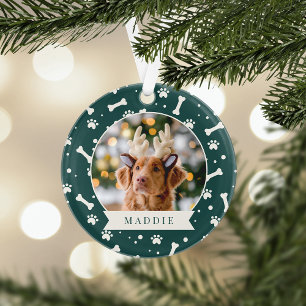 Ornamento Holiday Dog Bone & Pawprint Personalized Pet Photo
