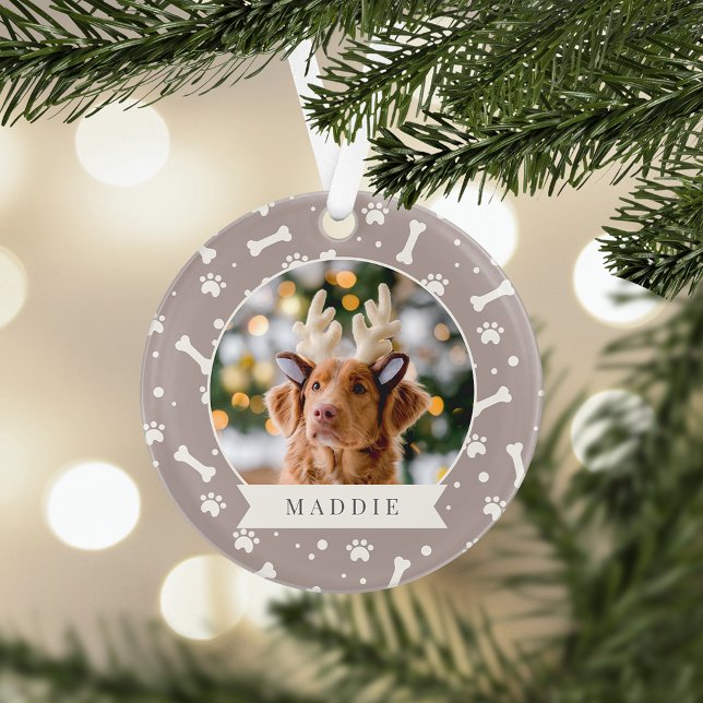 Ornamento Holiday Dog Bone & Pawprint Personalized Pet Photo (Criador carregado)