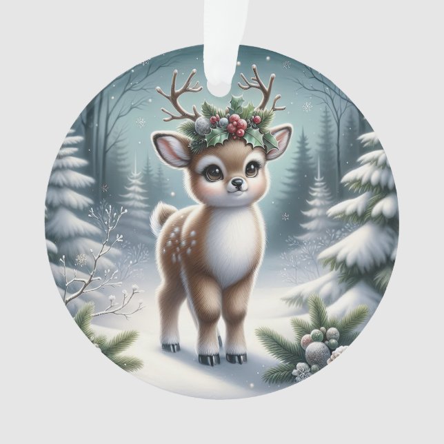 Ornamento Holly-Antlered Fawn in Snowy Forest (Frente)