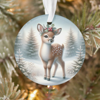 Ornamento Holly-Crowned Fawn in Frosted Pines