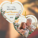 Ornamento Holly & Pine Gold Frame Photo Newlyweds 2-sided<br><div class="desc">Golden Line frame adorned with holly and pine ornament to display your own special memory. Heart shape is a perfect symbol for love. The bright and shiny gold line border encircles your memorial photo. The holly, pine and silk ribbon complete the whole design with a joyful atmosphere of the holiday...</div>