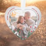 Ornamento Holly & Pine Silver Frame Photo Newlyweds 1st Xmas<br><div class="desc">Silver frame adorned with holly and pine ornament to display your own special memory. Heart shape is a perfect symbol for love. The bright and shiny silver border encircles your memorial photos. The holly, pine and silk ribbon complete the whole design with a joyful atmosphere of the holiday season. Easily...</div>