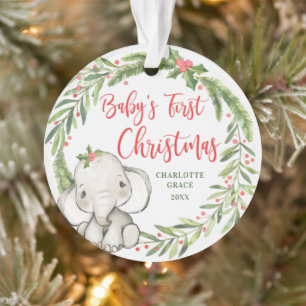 Ornamento Holly Wreath Elephant Baby Primeira Foto de Natal