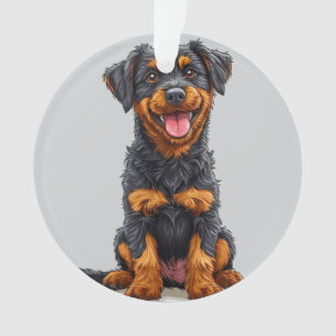 Ornamento Ilustração Feliz de um Cão Preto e Castanho