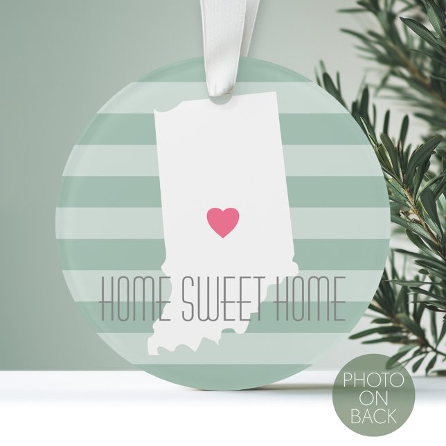 Ornamento Indiana Home State Love with Custom Heart (Personalized Photo Ornament with a State Design on the Front and Photo on the Back)