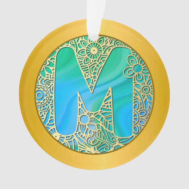 Ornamento  Initial Monogram M Christmas - Gold, Teal & Blue (Frente)