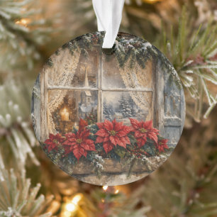 Ornamento Janela de Natal com Poinsettia Nevada