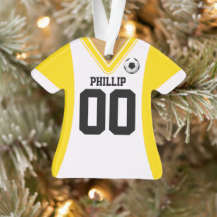 Ornamento Jérsei de Futebol Branco/Amarelo Personalizado