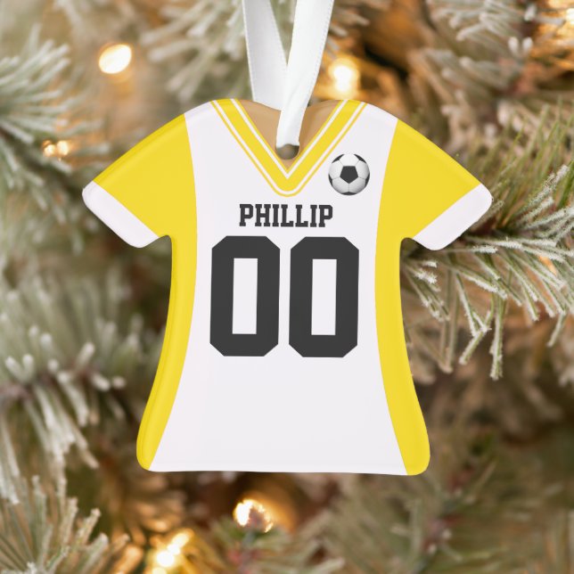 Ornamento Jérsei de Futebol Branco/Amarelo Personalizado (Árvore)