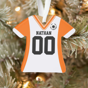 Ornamento Jérsei de futebol branco/laranja personalizado
