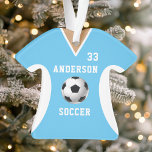 Ornamento Jersey Azul Personalizado<br><div class="desc">Celebre a sua estrela de futebol com este ornamento personalizado de camisa azul de futebol. Perfeito para comemorar uma estação especial, jogador ou equipe. Personalize-o com um nome e número para criar uma manutenção exclusiva.</div>