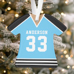 Ornamento Jersey de Hóquei Azul e Negro Personalizado<br><div class="desc">Celebre sua estrela de hóquei com esta personalizada camisa de hóquei azul e preto. Perfeito para comemorar uma estação especial,  jogador ou equipe. Personalize-o com um nome e número para criar uma manutenção exclusiva.</div>