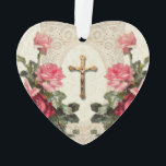 Ornamento Jesus Virgem Maria Vintage Rosas Religiosos<br><div class="desc">Esta é uma cerâmica religiosa católica tradicional de dupla face da Virgem Abençoada Maria,  Nossa Senhora de Graça,  com design e rosas antigos.
No verso há um crucifixo dourado com design de renda e rosas abaixo. 
 Uma fita torna fácil exibir essa fantástica manutenção.</div>