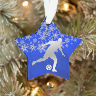 Ornamento Jogador de futebol Silver Snowflake em Azul
