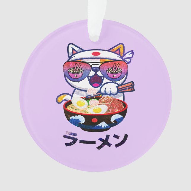 Ornamento Kawaii Cat Comendo Ramen Noodles (Frente)