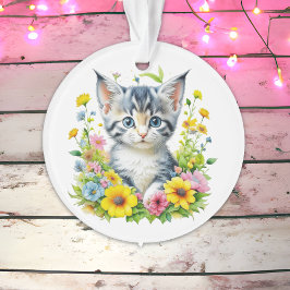 Ornamento Kit de Aquarela Personalizado Gatinho Flores Natal