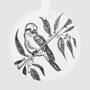 Ornamento Kookaburra Preto e Branco no Desenho de Ramificaçã