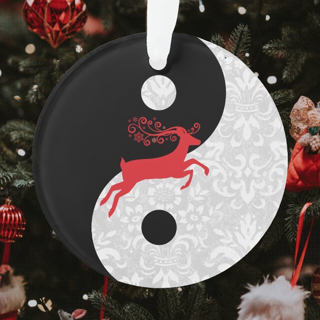 Ornamento Lace Yin Yang, preto e branco, com veado vermelho (Criador carregado)