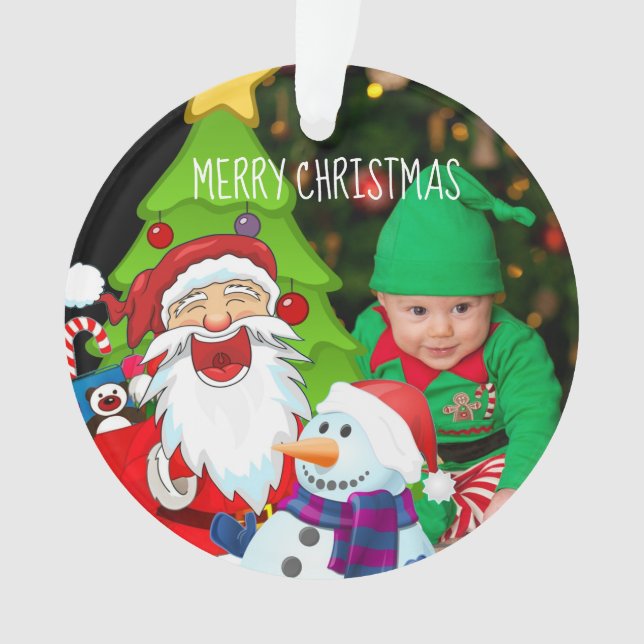 Ornamento Laughing Santa and Snowman Christmas Baby Photo (Frente)