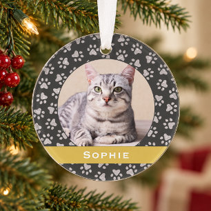Ornamento Lembrança de Foto de Gato com Faixa de Ouro Elegan
