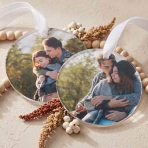 Ornamento Lembrança Personalizada de Noivado com Duas Fotos