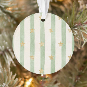 Ornamento Listras Creme Verde Estrelas Douradas Árvores de N