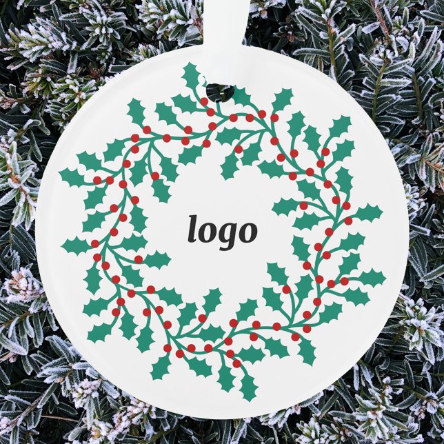Ornamento Logotipo Holly Wreath Business (Logo wreath business promotional holiday ornament)