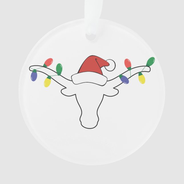 Ornamento Longhorn Branco com Luzes de Natal e chapéu de Pap (Frente)